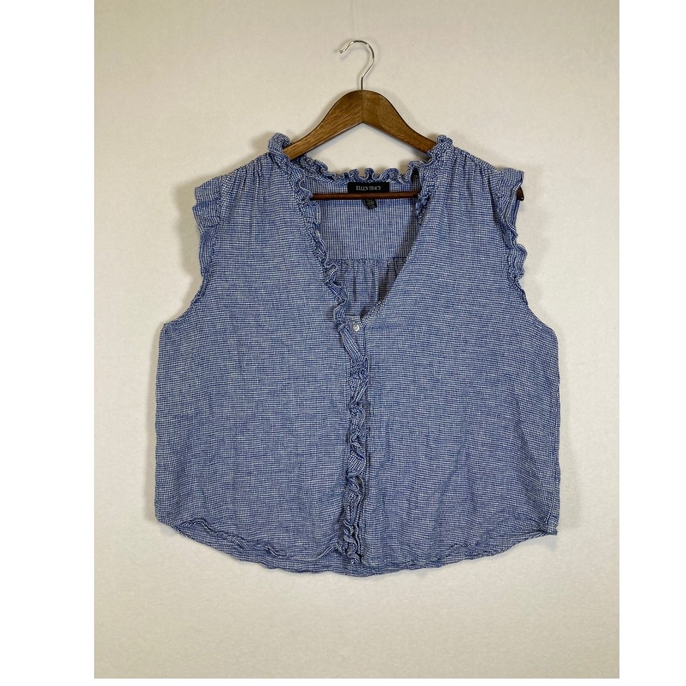 Ellen Tracy Gingham Ruffle Sleeveless Linen Blend Top Womens XL Blue White‎